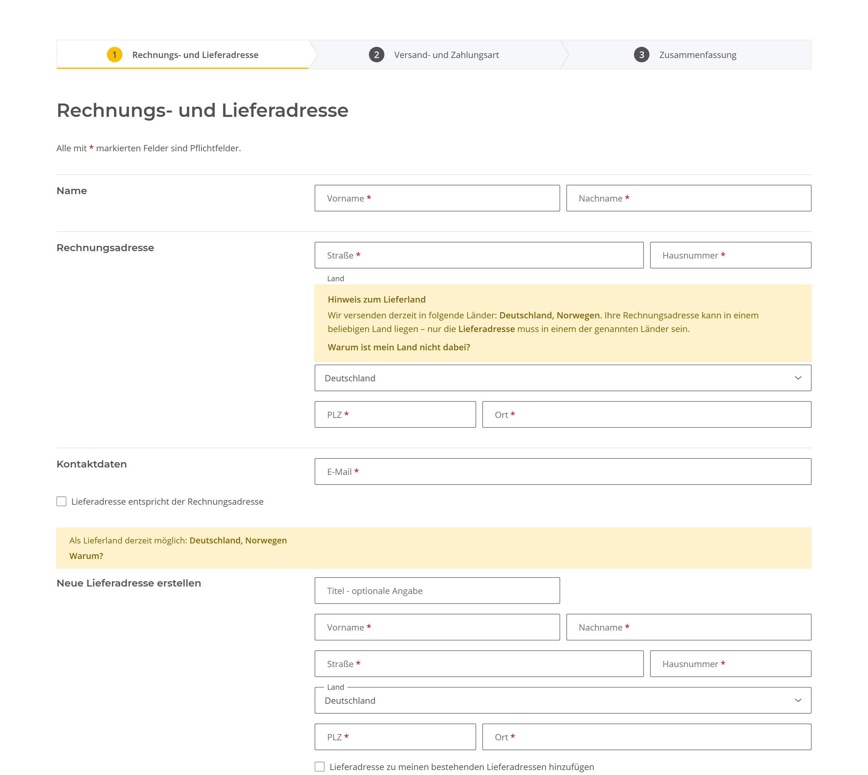 Checkout-Adressschritt mit dem Hinweiskasten unter dem Land-Feld und der Länderzeile über dem Lieferadress-Formular