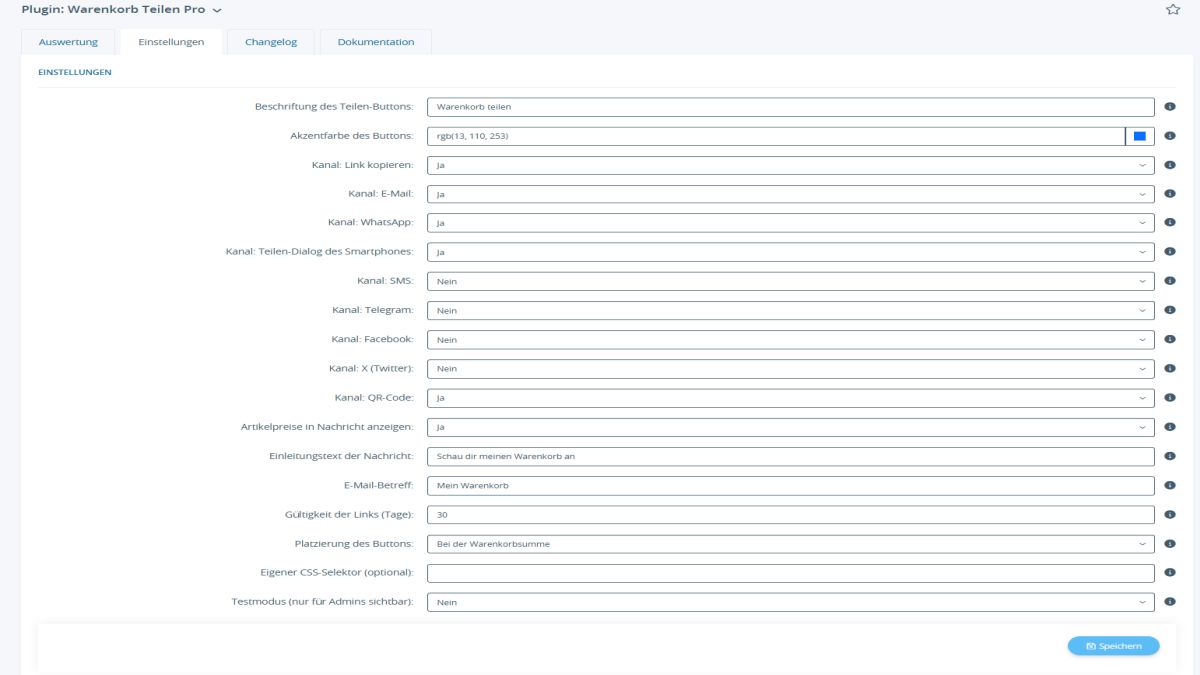 Einstellungen des Plugins im JTL-Backend mit Kanälen, Texten und Platzierung