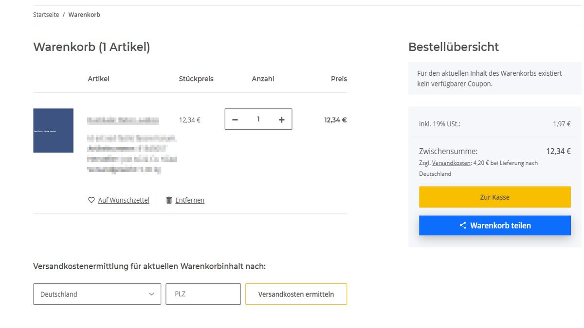 Warenkorbseite mit dem Teilen-Button direkt unter dem Zur-Kasse-Button
