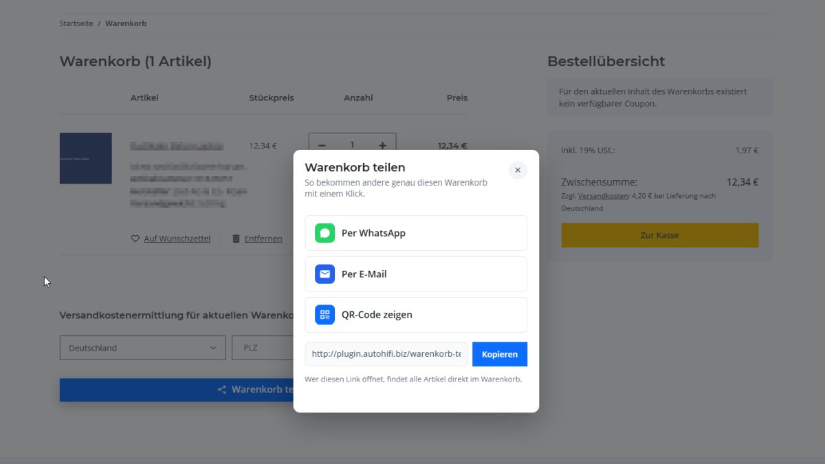Teilen-Dialog mit den Kanälen WhatsApp, E-Mail, QR-Code und Link zum Kopieren