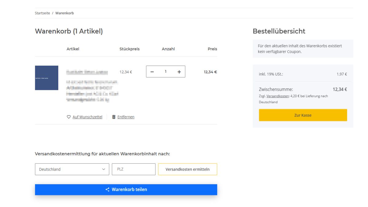 Warenkorbseite mit dem Teilen-Button in voller Breite unterhalb der Versandkostenermittlung